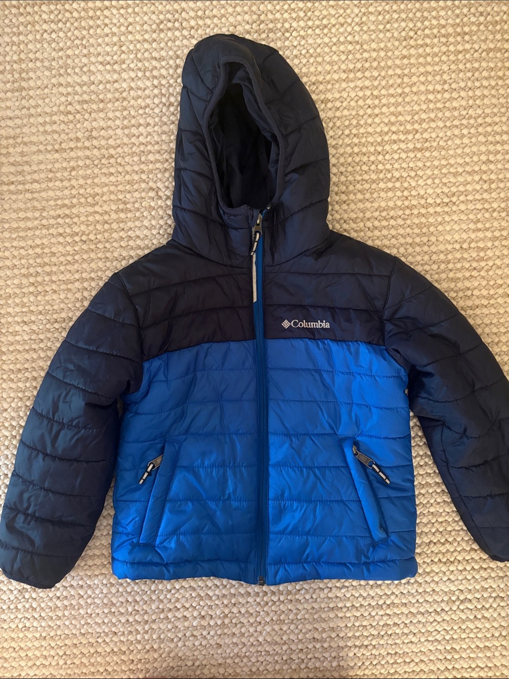 Columbia Hooded Colorblock Puffer Jacket in Black and Blue